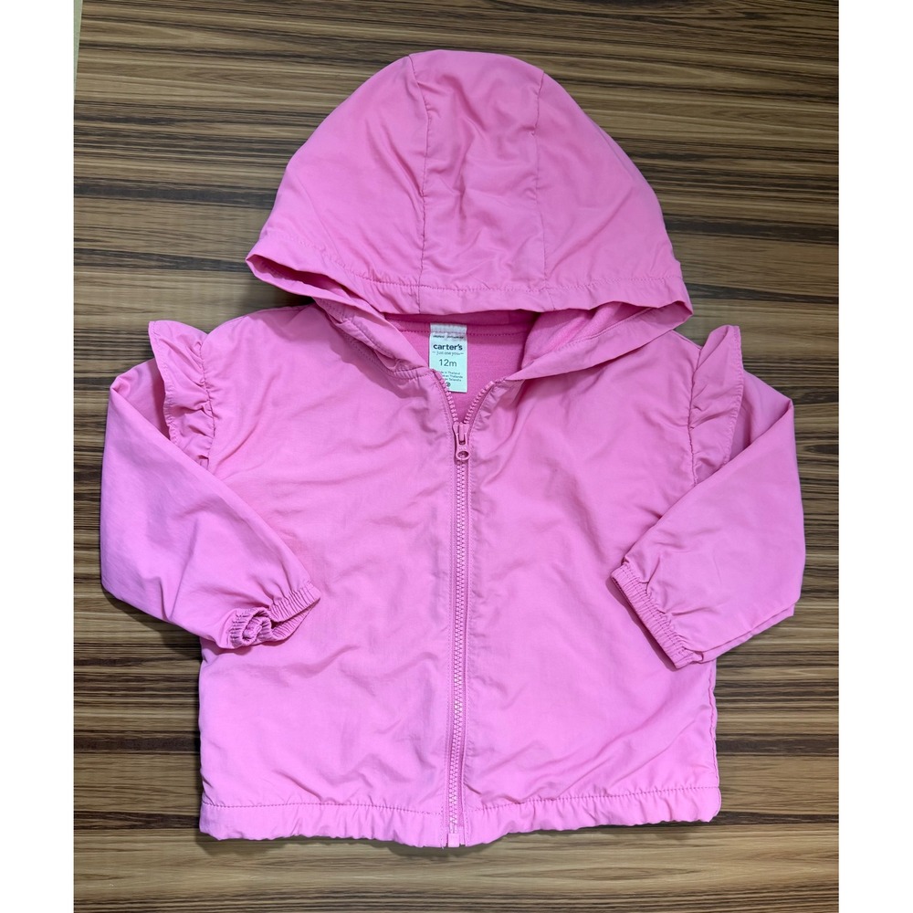 Carters Pink Hooded Windbreaker Jacket Ruffle Shoulder 12M